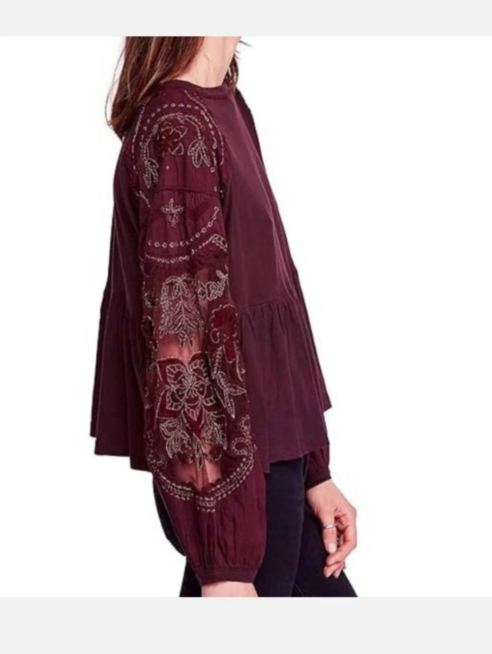 Free People Embellished Lace Detail Long Puff Sleeve Blouse Size Large